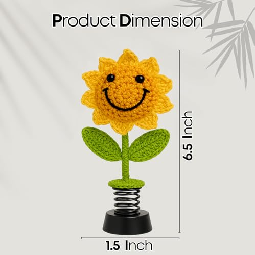 Image of Handmade Crochet Sunflower Car Dashboard Decorations Gifts for Women, Cute Sun Flower Hippie Car Bobblehead Dashboard Decor, Smiley Face Mini Sunflower Spring Desk Decorations 1 PCS
