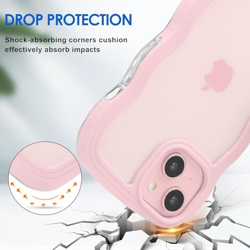 Image of GoldKart iPhone 15 Case Wavy Edge Clear Back Design, Anti-Slip Grip Cute Wave Curly Frame Shape Shockproof Soft TPU & Hard PC Bumper Protective Phone Case Cover for Women Girls - Pink