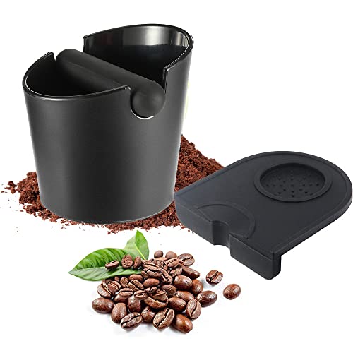 Espresso Knock Box and Espresso Tamper Mat Shock-Absorbent Knock Box with Removable Knock Bar and Non-Slip Base Food Safe Silicone Coffee Tamper Mat for Easy Coffee Ground Disposal Set of 2 Pieces