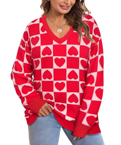 Image of CARCOS Plus Size Sweaters for Curvy Women Long Sleeve Cable V Neck Sweater Knit Pullover Preppy Style Fall Winter XL-5XL