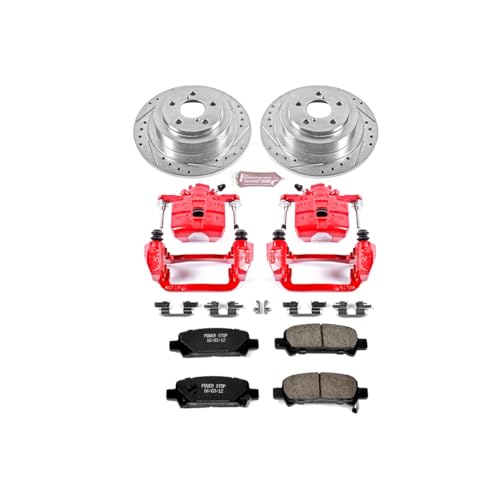 Image of PowerStop Rear Brake Kit for Subaru Baja 2003-06 |Legacy 2000-04 |Outback 2000-04 - Carbon-Fiber Ceramic Brake Pads + Drilled & Slotted Rotors + Red Powder Coated Calipers, KC3124