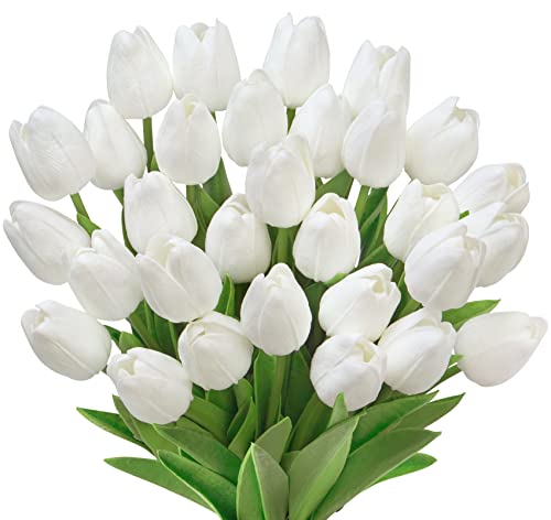 Ouddy Decor 30 Pcs White Tulips Artificial Flowers Real Touch Tulips