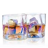 Whiskey Glasses Set of 2 with Iridescence for Women,10 oz Colorful Cocktail Glasses,Hand-blown Lead-free Bar Lowball Crystal Glasses,Old Fashioned Glass Tumbler for Scotch,Rum,Bourbon,Gifts