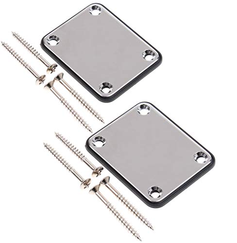 2 Pack Guitar Metal Neck Plates with Plastic Mat Compatible for Strat Tele Style Electric Guitar Replacement, Chrome