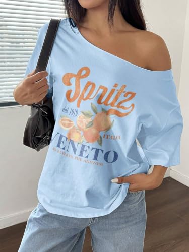 Image of SXV STYLE Women Summer Loose Asymmetrical Neck Cocktail Fruit Orange Y2K Graphic Oversized T-Shirt