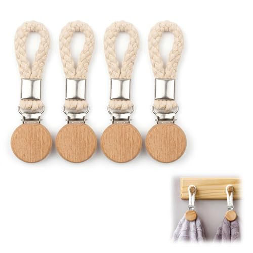 DEFIYEAR 4-Piece Towel Clips for Hanging - Braided Cotton Rope Holders, Ideal for Tea Towels, Kitchen, Beach Sunbeds, and Bathrooms
