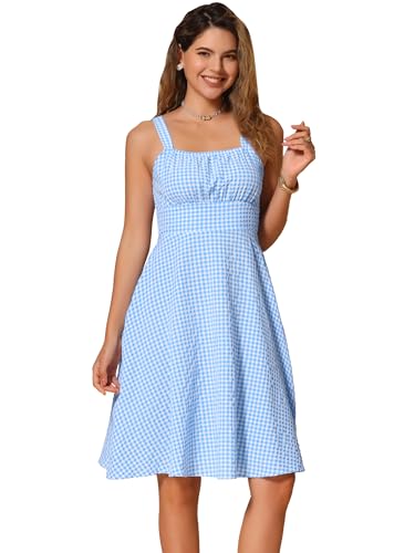 Allegra K Ärmelloses Vintage-Kleid für Damen, kariert, gerüscht, Sommer, A-Linie, fließendes Midikleid, blau, M