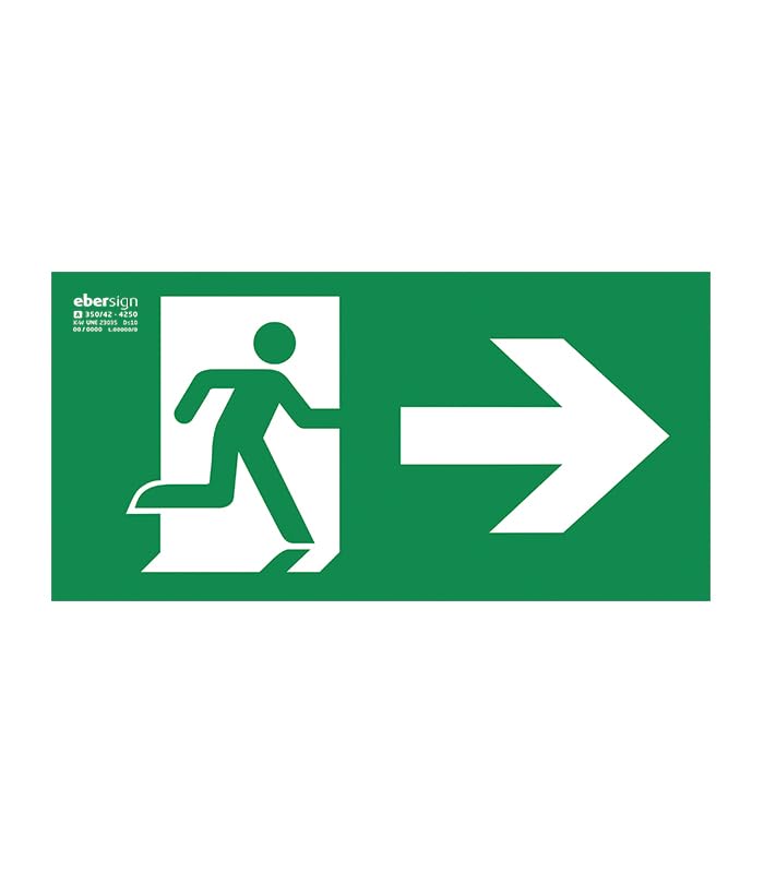 EBER SIGN - Señal Homologada Luminiscente de Salida de Emergencia (Derecha) Clase A PVC 1 mm | ISO 7010 y UNE 23034:2023 | Fondo Verde, Pictograma + Texto Fotoluminiscentes | para Vías de Evacuación