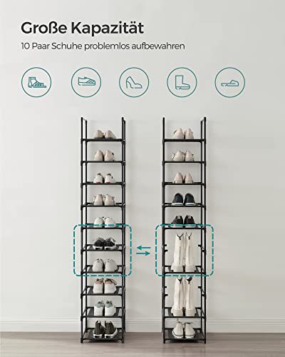 SONGMICS Schuhregal, 10 Ebenen, Schuhablage, Schuhaufbewahrung, schmal, 33 x 33 x 173 cm, Metallgestell, Ablagen aus Vliesstoff, für Flur, Schlafzimmer, schwarz LSR110B02