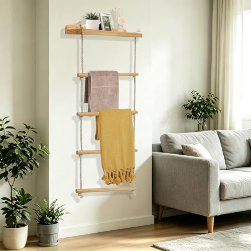 YTACREA Porte Serviette en Bois 5 Niveaux, 2-en-1 Porte Torchon Cuisine Murale, Échelle Porte Couvertures, Echelle Decorative Bois pour Serviette de Bain,...