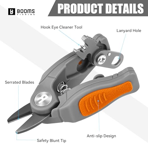 Image of Booms Fishing Line Cutter with Retractor: Mini Fishing Scissors for Braided Momo Fluoro Line - Braid Scissors Saltwater with Hook Eye Cleaner - Serrated Shears with Locking Feature, FR1 Orange