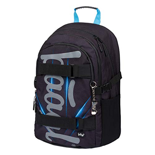 Baagl Mochila escolar para niños, niñas, adolescentes, monopatín, mochila infantil con compartimento para portátil y correa de pecho para la escuela, Skate Bluelight, 43x29x20