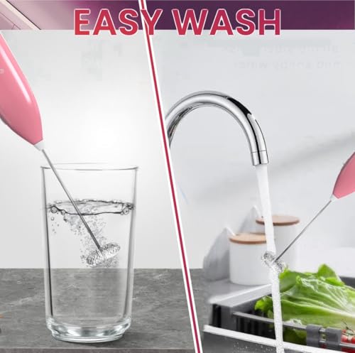 Image of Milk Frother Handheld - Powerful Electric Coffee Frother for Latte, Cappuccino & Matcha, Stainless Steel Whisk, Fast Foam in Seconds, Portable Battery Operated, (Pink)