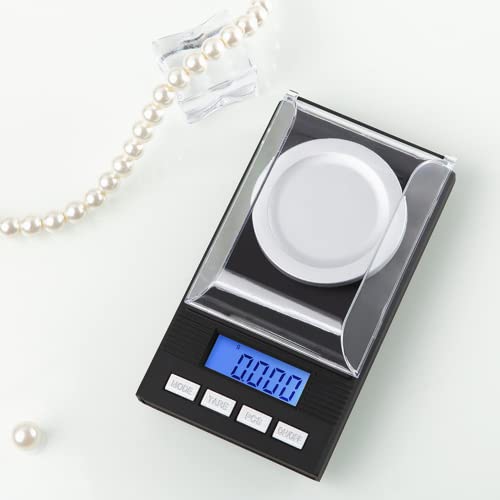 Bilancia Precisione 0,001g, Bilancia di Precisione Digitale Tascabile 100g/0,001g, Bilancia per Gioielli, con Pesi di Calibrazione e Pinzette per Laboratorio, Cucina, 15,5 × 8 × 2 cm