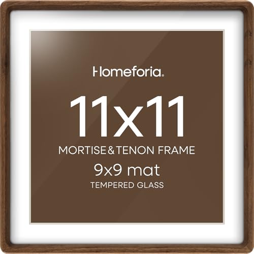 Homeforia 11x11 Picture Frame Brown Wood Mortise & Tenon Walnut 11 x 11 Square Frames with Mat 9 by 9 for Wall or Tabletop Dark Wooden Frames 11by11 Matted to 9x9 Tempered Glass Wall Kit Set of 1