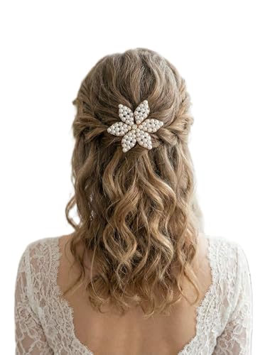 Pearl Flower Hair Comb, Bridal Floral Star Headpiece, Gold-Toned, Handmade,