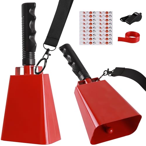 cyrico Cow Bells for Sporting Events 2 Pack 10 Inch Cowbell with Handle Metal Loud Noise Makers for Football Games Large Red Cheering Hand Bell Chimes Alarm School Musical Percussion Instruments