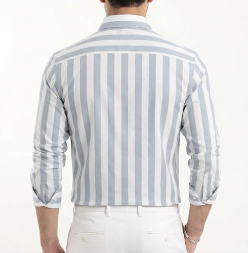 Image of IndoPrimo Men's Striped Cotton Shirt | Slim Fit Stylish Casual Shirt for Man | Full Sleeve Summer Wear Vertical Stripe Shirt for Office, Vacation