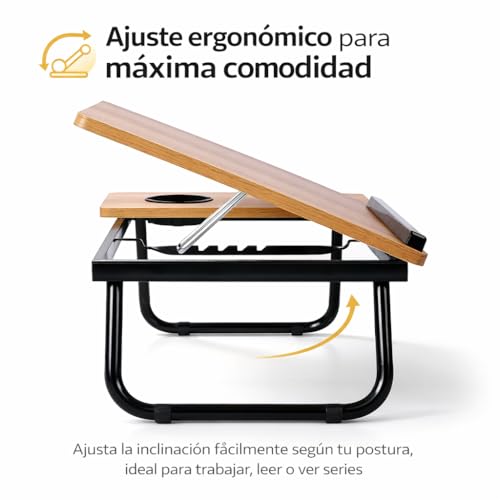Miniatura 5 de Mesa Reclinable Para Cama Y Sofá, Bandeja Plegable Con Portavasos, Ideal Para Ordenador Portátil Y Libros, Con Cinco Alturas, Mesita Auxiliar Multiusos De Mdf, Acero Y Plástico