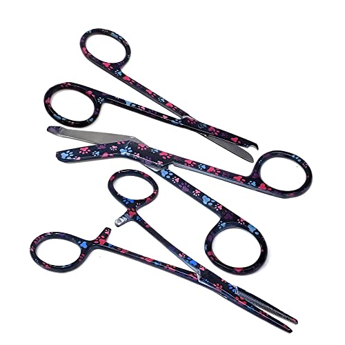 Hemostat and Scissors - Multicolor Patterns - Set of 3 - Suture Removal Scissors, Hemostatic Forceps with Colorful Paws Print