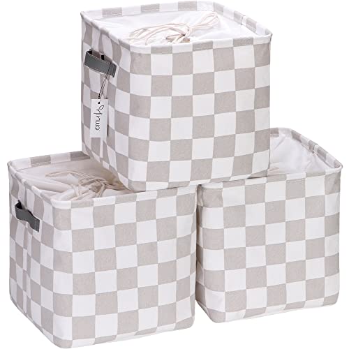 Image of Hinwo 3-Pack Cubic Organizer Shelf Bins, Canvas Fabric Storage Baskets with Handles, 22L/5.8-Gal Square Storage Bins, Cubes, Collapsible Storage Box, 11 x 11 x 11 Inches (S, Grey Checkerboard)