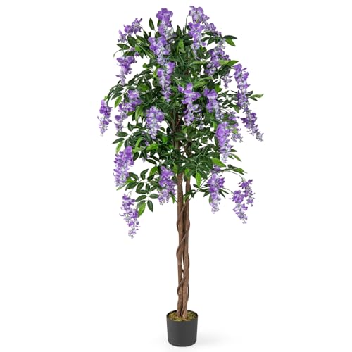 Goplus 5.5FT Ficus Artificial Tree, Faux Wisteria Tree in Nursery Pot with Blooming Flowers, Fake...