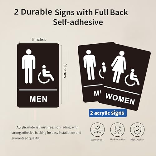 Image of (2 Pack) Restroom Signs - Acrylic Restroom Sign for Business with Strong Self-Adhesive, Bathroom Door Signs for Home Office or Wall, Waterproof and Easy to Install (9 x 6 Inches Men /Women)