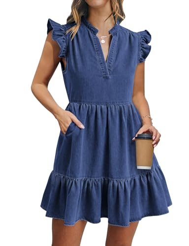 Image of POTILI Denim Dress for Women Mini Jean Dress with Pockets | Ruffle Sleeve, V-neck, Two Side Pockets