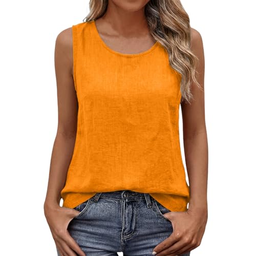 Chaleco de Tirantes para Mujer de Algodón y Lino Camisola sin Mangas Color Liso con Botón Sencilla Holgada Camiseta Básico de Cuello en V Transpirables para Vacaciones Playa Diario