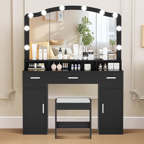 usikey Large Vanity Set with Large Lighted Mirror, Modern Makeup Vanity Table with 3 Drawers, 2 Storage Cabinets & 10 LED Bulbs, Dressing Table with Cushioned Stool for Women, Bedroom, Black