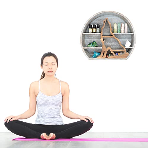 Wondermar Wolf Shelf For Crystals - Crescent Moon Shelf For Rocks, Oils, Plants - Crystal Shelf Display For Wall Decor Or Tabletop - Floating Moon Shelves For Cabins, Boho, Rustic, Farmhouse - (Grey) #TOP5