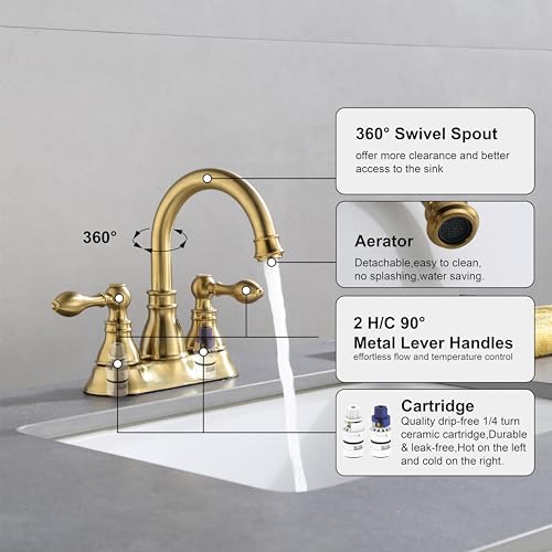 Derengge Brushed Gold Two Handle Bathroom Sink Faucet