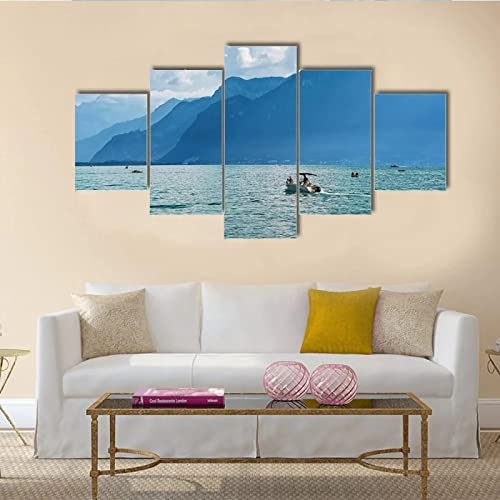 Paintings Printed On Canvas - 5 Pieces Canvas Paintings - Decorative Wall Art Murals - 5 Pieces Paintings Boat On Calm Lake (Xl/Without Frame 150 X 100 Cm) For Living Room Office Bedroom H -5K3Q/J2J