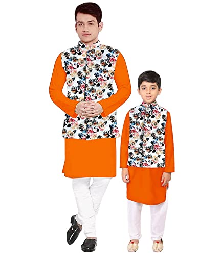 Image of Os Men's & boy kurta pyjama set with nerhu jackets (Multi printed) in cotton (baap beta|father son|)