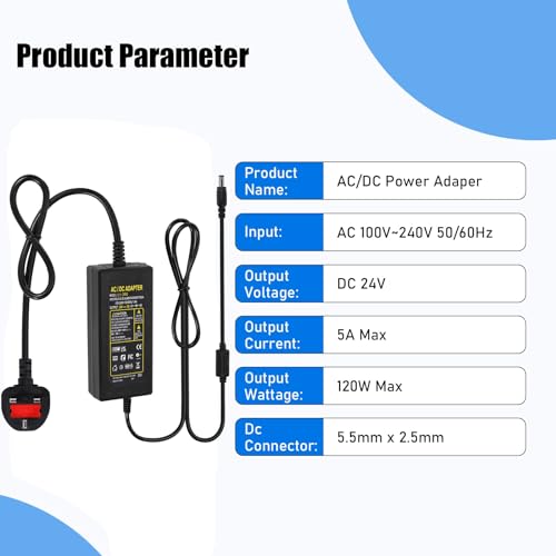 Power Supply 24V 5A,AC 100-240V to DC 24V 120W Converter Adapter Driver Transformer with 5.5mm x 2.5mm/2.1mm Jack, UK Plug for Led Strips,LCD Monitors,CCTV Camera