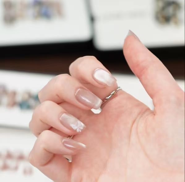 TUGE NAIL Blossom Series 100% Handcrafted Press On Nails Nail Art, Cat's Eye Effect, French Tip Nail, C Long(19mm) (Spring - Image 3