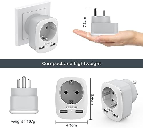 TESSAN Adapter Podróżny 3 w 1 do Indii z 2 Portami USB, Adapter do Gniazda India, Adapter Podróżny do Indii, Wtyczka Podróżna Typu D, Adapter do Sri Lanki, Indii, Nepalu, Indii Wtyczka Podróżna