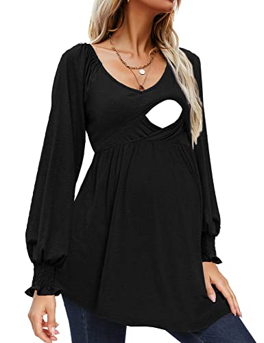 Image of CzzzyL Women Nursing Lantern Sleeve Tops V Neck Blouse T Shirts