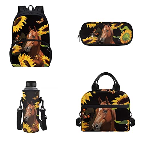 POLERO Sunflower Horse Schoolbag Bookbag Casual Backpack Set with Lunch Bag/Water Bottle Cover/Pencil Case for Women Girls Teens