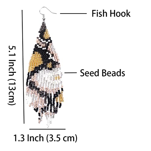 Geometric Beaded Earrings – Long Bohemian Handmade Large Tribal Native Beaded Tassel Drop Earrings for Women, Big Boho Seed Bead Fringe Chandelier Dangle Earrings4