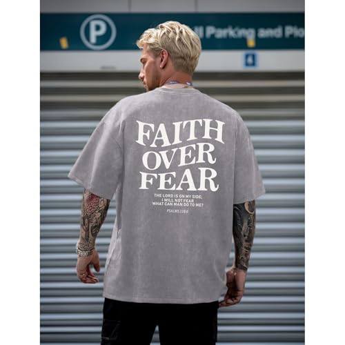 Image of Christian Faith Over Fear Shirt for Men Jesus Religious Shirts Oversized Graphic Tees Acid Wash God T-Shirt