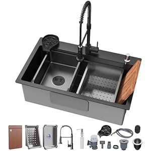 29.5 x 17.7 Inch Black Kitchen Sink, Single Bowl Stainless Steel Drop In Workstation Sink with Spring Pull-Down Faucet, Cup Rinsing Tray, Soap Dispenser & Cutting Board