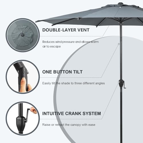 Abba Patio 9FT Lyon Outdoor Patio Umbrella Outdoor Table Umbrella with Push Button Tilt and Crank Market Umbrella 8 Sturdy Ribs UV Protection Waterproof for Garden Deck Backyard Pool Grey
