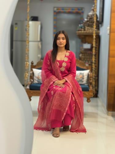 Image of ANNI Designer Women's Rayon Viscose Straight fit Printed Embroidered Kurta with Pant & Dupatta | Ethnic Kurta Set for Women | Daily, Office & Festive Traditional
