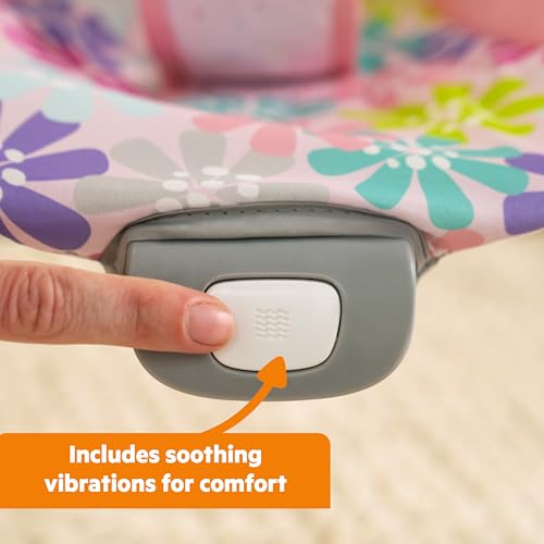Image of Bright Starts Pink Vibrating Baby Bouncer, Removable Toy Bar with 2 Toys, Nonslip Feet, 0-6 Months Up to 20 lbs (Wildflower Wonders)