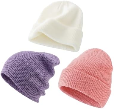 Toque Winter Beanie Hat, Cuffed Knit Cap, 3-Pack (Pink/White/Lavender)