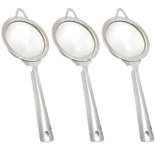 3PCS Small Sieves Tea Strainers Fine Mesh with Handle Easy to Clean Stainless Steel Sieve Sift Mini Sieve for Loose Tea Coffee Cocktail Spices Powder Sieving