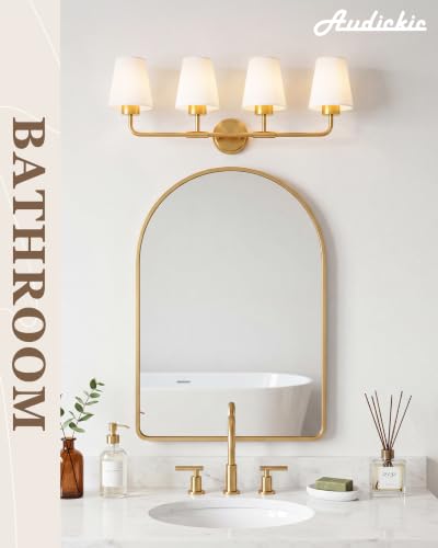 Image of 4-Light Gold Bathroom Light Fixtures with White Fabric Shades | 30 inch brushed gold bathroom vanity light, E26 sockets, ideal for 42-60 inch mirrors and master bathrooms, AD-25052-4W-GD