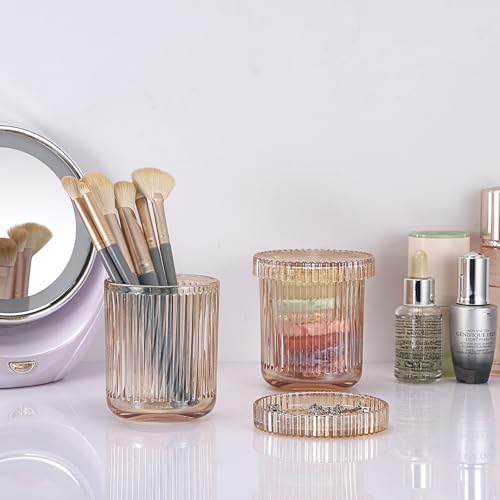 OGANAZI 2 Stück Glas Wattepads Box Wattestäbchen Behälter Set Bernstein Wattepadspender Rund Kosmetik Organizer Kleinteile Aufbewahrungsboxen für Beauty-Ei, Zahnseide, Tampon, Haarschmuck, Badesalz