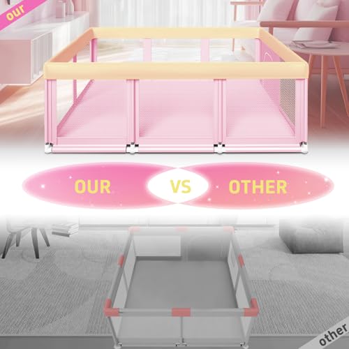 Fshibila 74\" ×50\" Large Baby Playpen, Baby Play Pen for Babies and Toddlers, Baby Playard for Indoor & Outdoor, Sturdy Safety Play Yard with Soft Breathable Mesh, Anti-Fall, Pink - Thumbnail 7
